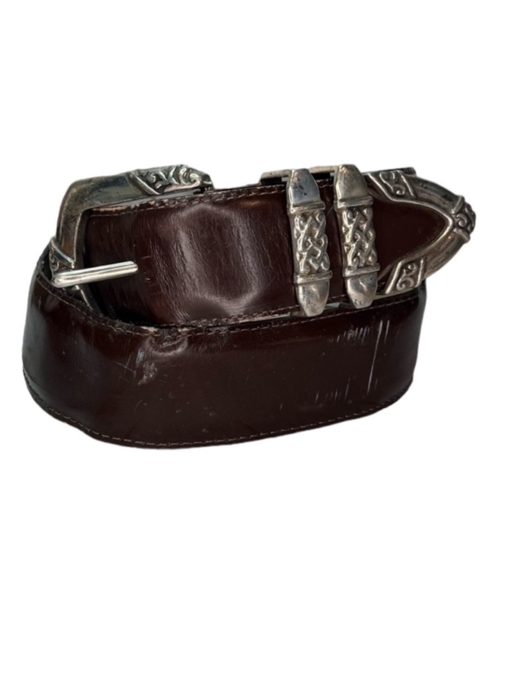 Vintage Brighton Dark Brown Belt Silver Etched Buckle Tip Casual Western
